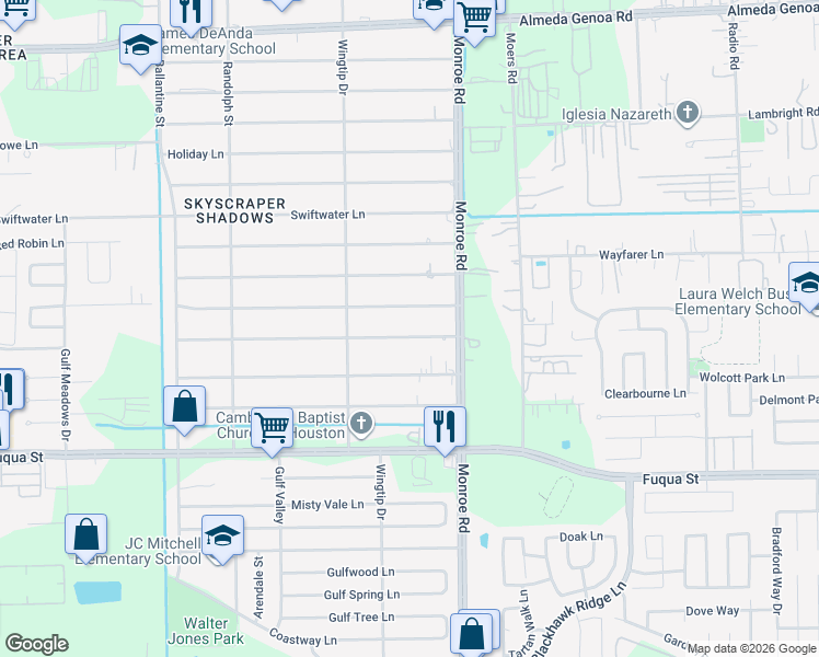 map of restaurants, bars, coffee shops, grocery stores, and more near 8417 Folkstone Lane in Houston