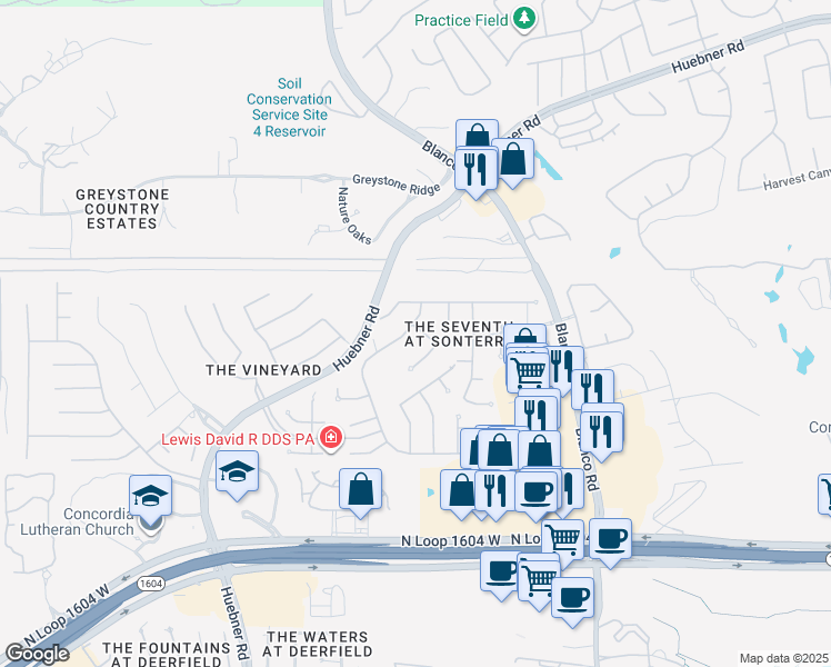 map of restaurants, bars, coffee shops, grocery stores, and more near 18826 Brookwood Forest in San Antonio