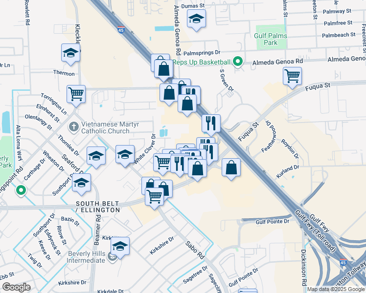 map of restaurants, bars, coffee shops, grocery stores, and more near 11101 Fuqua St in Houston