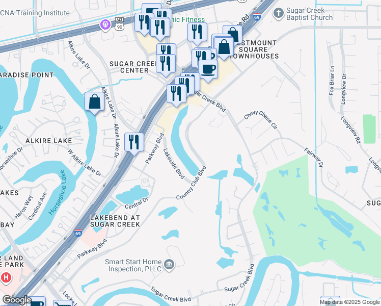 map of restaurants, bars, coffee shops, grocery stores, and more near 2223 Country Club Boulevard in Sugar Land