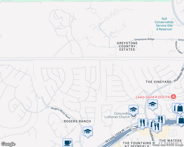 map of restaurants, bars, coffee shops, grocery stores, and more near 18627 Rogers Lake in San Antonio