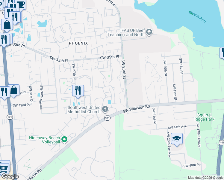 map of restaurants, bars, coffee shops, grocery stores, and more near 2330 Southwest Williston Road in Gainesville