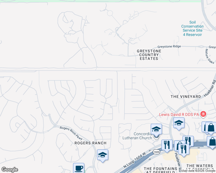 map of restaurants, bars, coffee shops, grocery stores, and more near 18627 Rogers Lake in San Antonio
