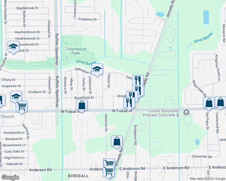 map of restaurants, bars, coffee shops, grocery stores, and more near 12907 Ambrose in Houston