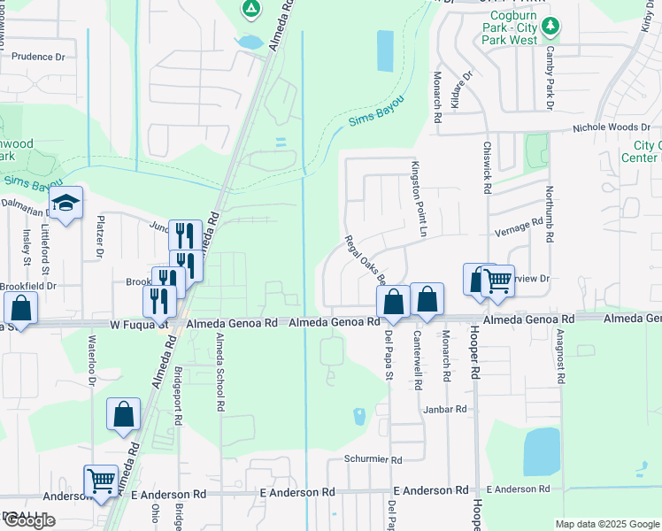 map of restaurants, bars, coffee shops, grocery stores, and more near 13207 Ridgewood Knoll Lane in Houston
