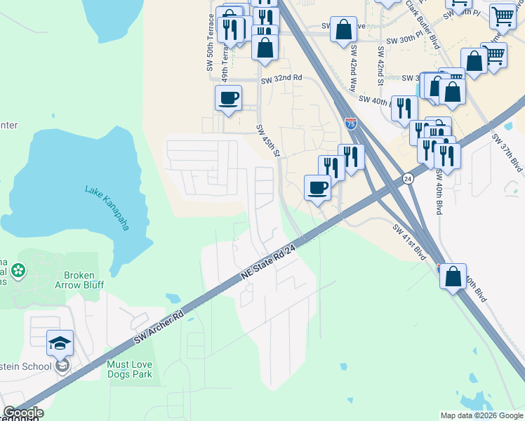 map of restaurants, bars, coffee shops, grocery stores, and more near 4700 Southwest Archer Road in Gainesville