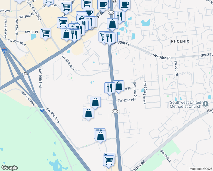 map of restaurants, bars, coffee shops, grocery stores, and more near 3415 Southwest 39 Boulevard in Gainesville