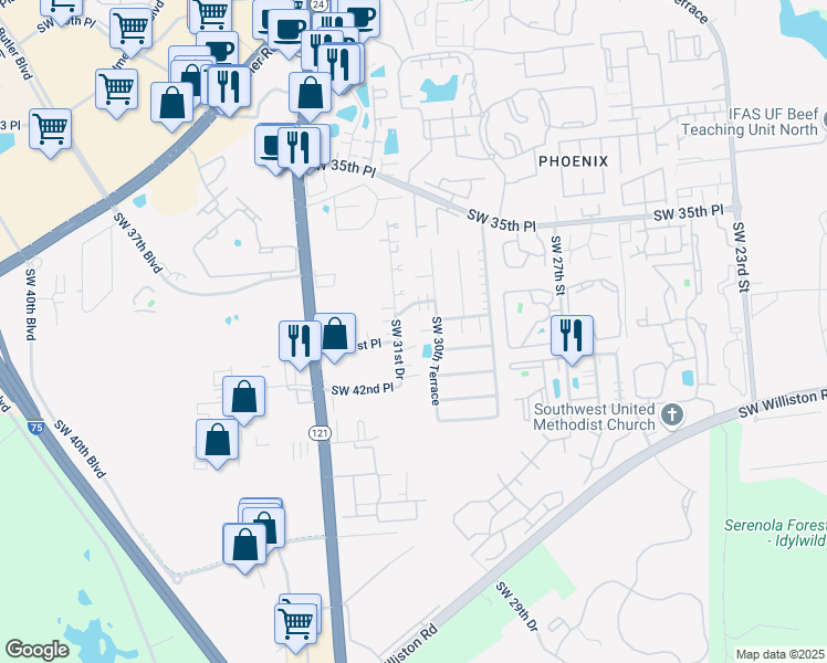map of restaurants, bars, coffee shops, grocery stores, and more near 3061 Southwest 41st Lane in Gainesville