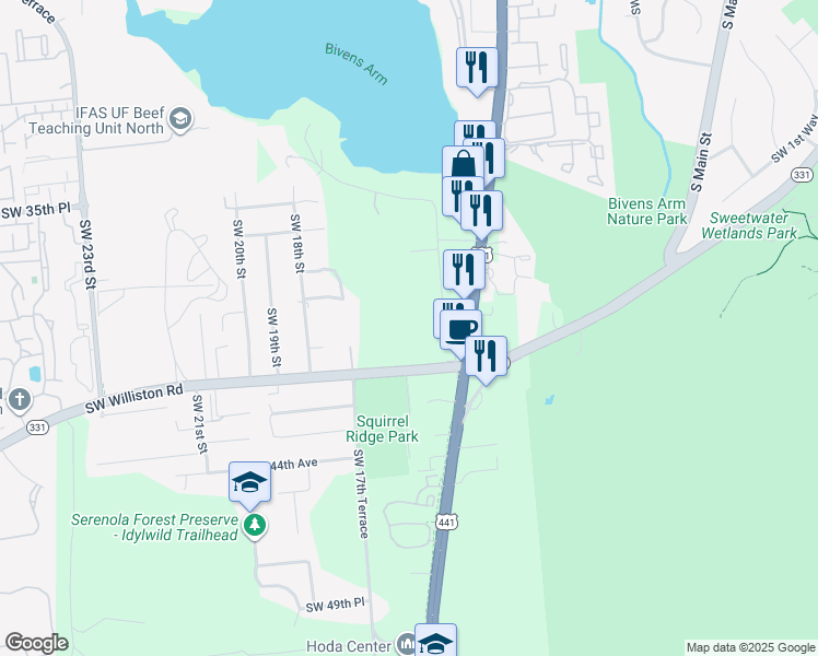 map of restaurants, bars, coffee shops, grocery stores, and more near 4000-4100 Southwest 15th Street in Gainesville