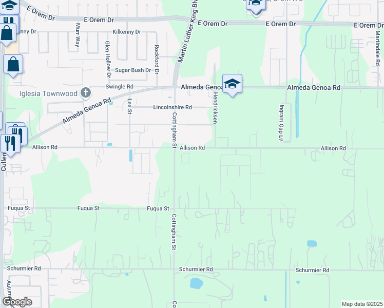 map of restaurants, bars, coffee shops, grocery stores, and more near 4825 Allison Road in Houston