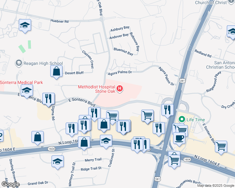 map of restaurants, bars, coffee shops, grocery stores, and more near 1139 East Sonterra Boulevard in San Antonio