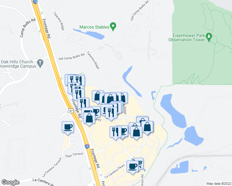 map of restaurants, bars, coffee shops, grocery stores, and more near 18130 Talavera Ridge in San Antonio