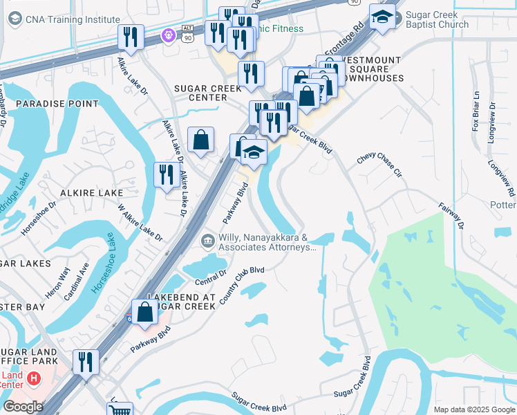 map of restaurants, bars, coffee shops, grocery stores, and more near 303 Lakeside Boulevard in Sugar Land