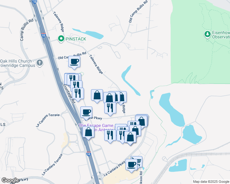 map of restaurants, bars, coffee shops, grocery stores, and more near 18130 Talavera Ridge in San Antonio