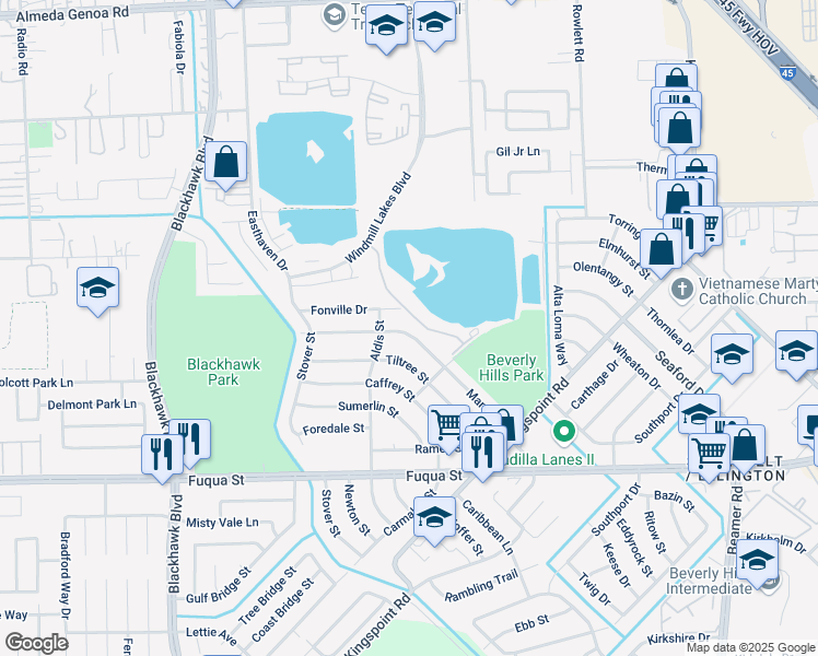 map of restaurants, bars, coffee shops, grocery stores, and more near 9821 Mango Street in Houston