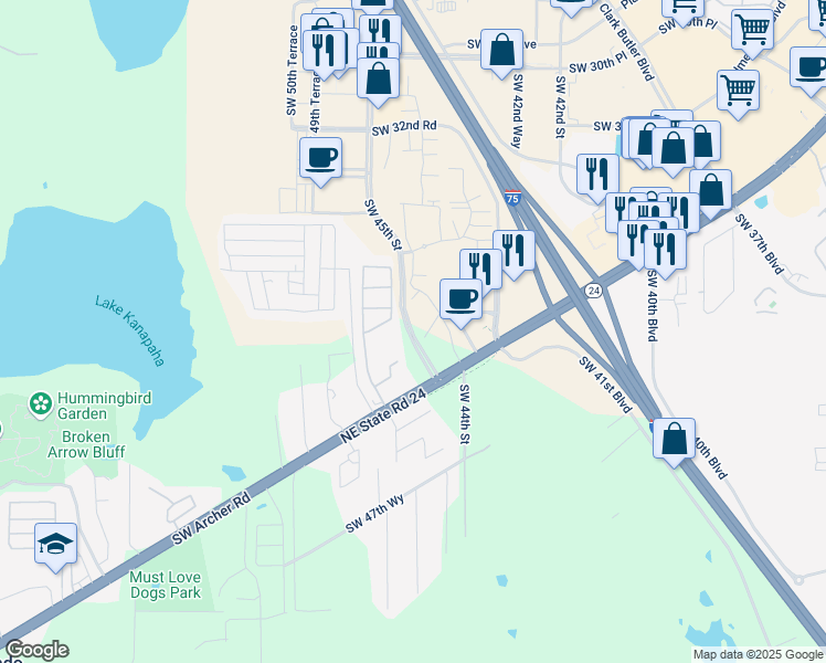 map of restaurants, bars, coffee shops, grocery stores, and more near Southwest 45 Street in Gainesville