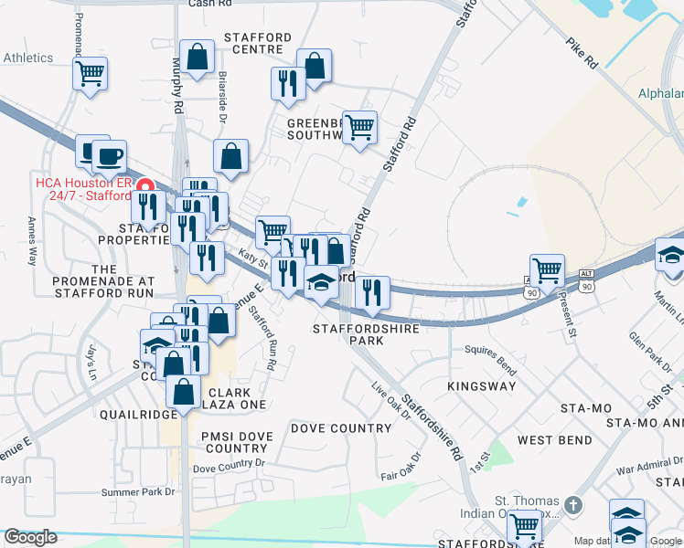 map of restaurants, bars, coffee shops, grocery stores, and more near 17002 Stafford Road in Stafford