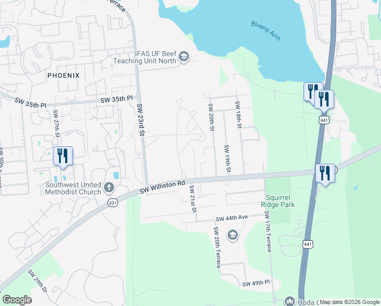 map of restaurants, bars, coffee shops, grocery stores, and more near 3930 Southwest 21st Street in Gainesville