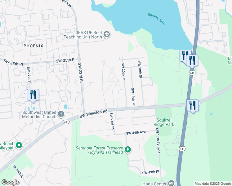 map of restaurants, bars, coffee shops, grocery stores, and more near 3920 Southwest 20th Street in Gainesville