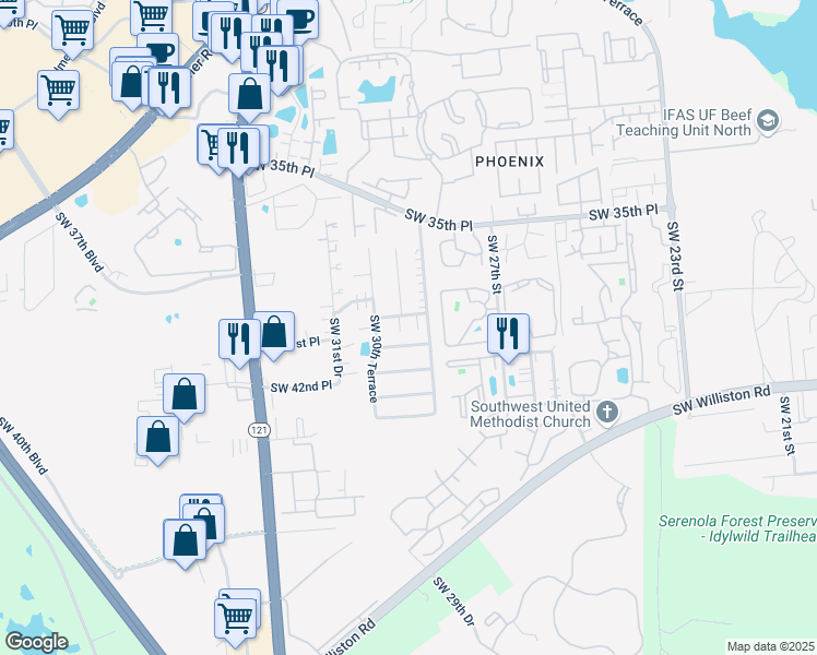map of restaurants, bars, coffee shops, grocery stores, and more near in Gainesville