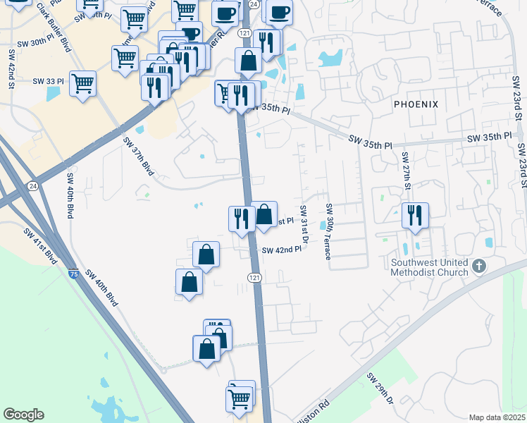 map of restaurants, bars, coffee shops, grocery stores, and more near 3316 Southwest 41st Place in Gainesville