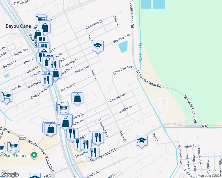map of restaurants, bars, coffee shops, grocery stores, and more near 435 Vieux Carre in Houma