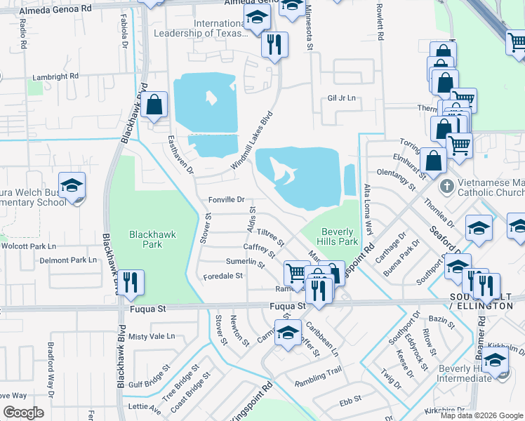 map of restaurants, bars, coffee shops, grocery stores, and more near 9821 Mango Street in Houston