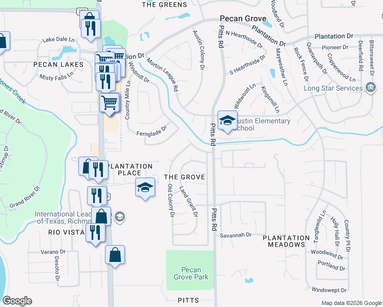 map of restaurants, bars, coffee shops, grocery stores, and more near 110 Land Grant Court in Richmond