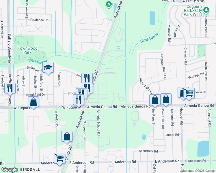 map of restaurants, bars, coffee shops, grocery stores, and more near 213 Almeda-Genoa Road in Houston