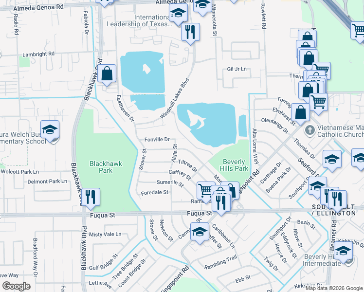 map of restaurants, bars, coffee shops, grocery stores, and more near 9821 Mango Street in Houston