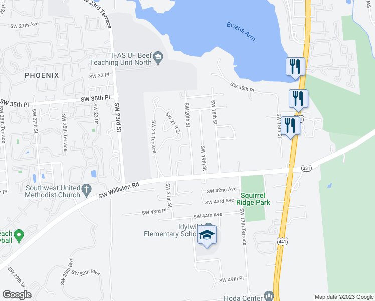 map of restaurants, bars, coffee shops, grocery stores, and more near 3920 Southwest 20th Street in Gainesville