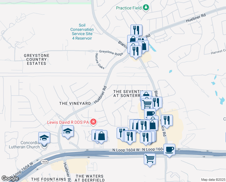 map of restaurants, bars, coffee shops, grocery stores, and more near 18826 Brookwood Forest in San Antonio