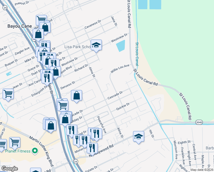 map of restaurants, bars, coffee shops, grocery stores, and more near 454 Vieux Carre in Houma