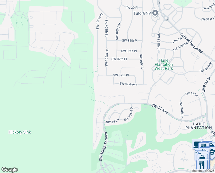 map of restaurants, bars, coffee shops, grocery stores, and more near 10433 Southwest 41st Avenue in Gainesville