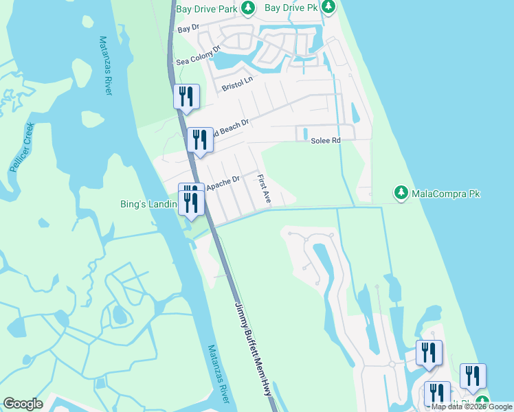 map of restaurants, bars, coffee shops, grocery stores, and more near 31 Mala Compra Road in Palm Coast