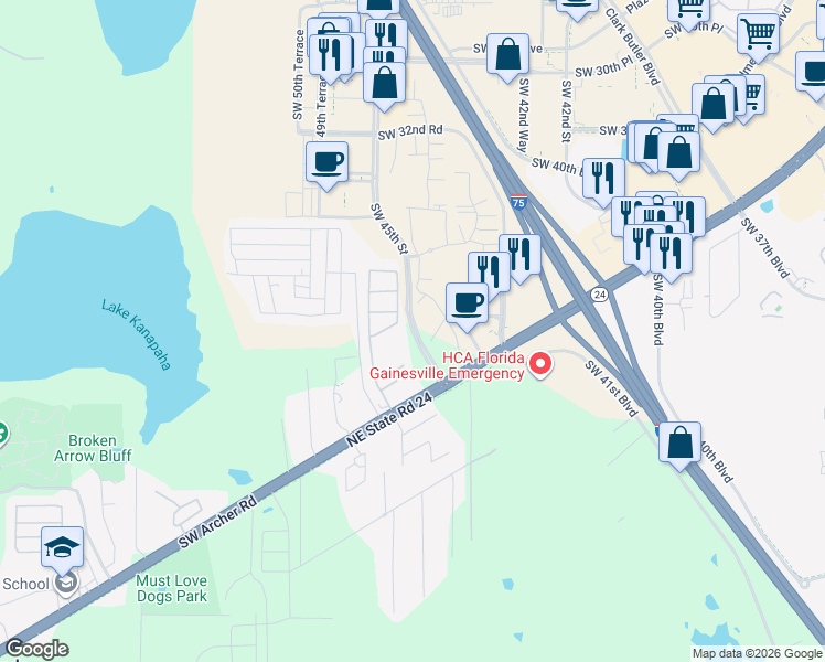 map of restaurants, bars, coffee shops, grocery stores, and more near 4522 Southwest 45 Street in Gainesville