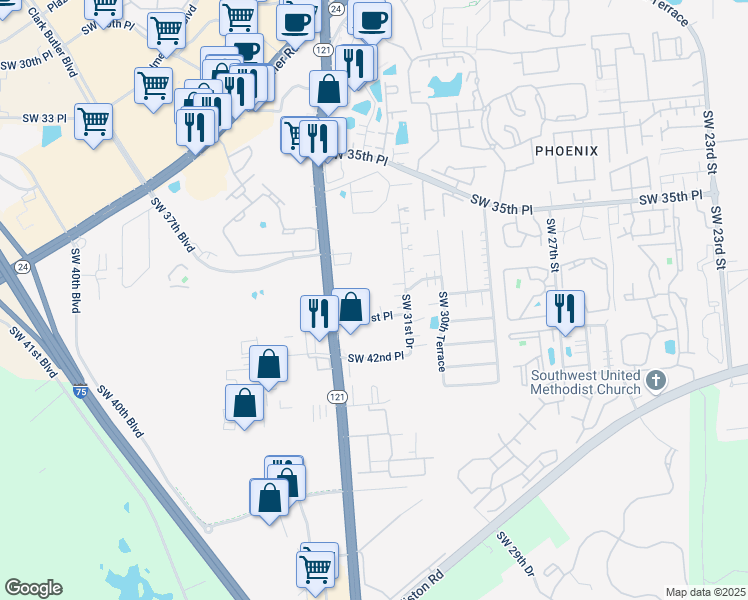 map of restaurants, bars, coffee shops, grocery stores, and more near 3316 Southwest 41st Place in Gainesville