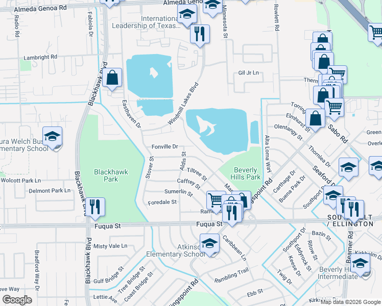 map of restaurants, bars, coffee shops, grocery stores, and more near 9821 Mango Street in Houston
