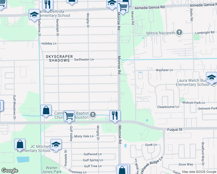 map of restaurants, bars, coffee shops, grocery stores, and more near 8417 Folkstone Lane in Houston