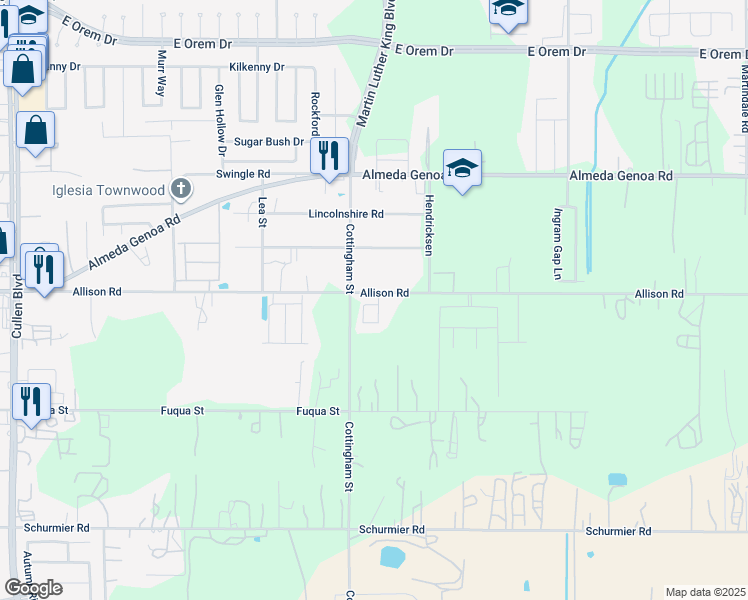 map of restaurants, bars, coffee shops, grocery stores, and more near 4825 Allison Road in Houston