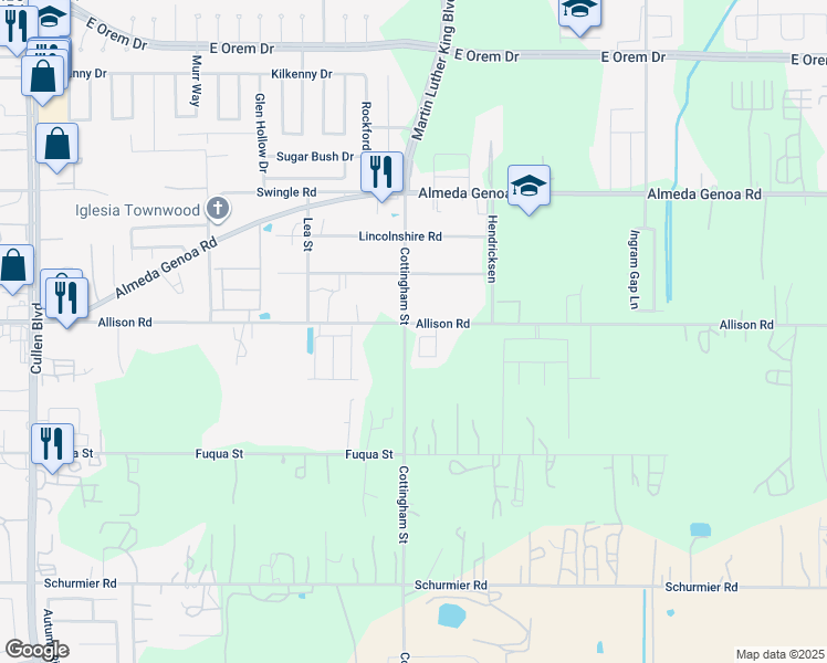 map of restaurants, bars, coffee shops, grocery stores, and more near 4825 Allison Road in Houston