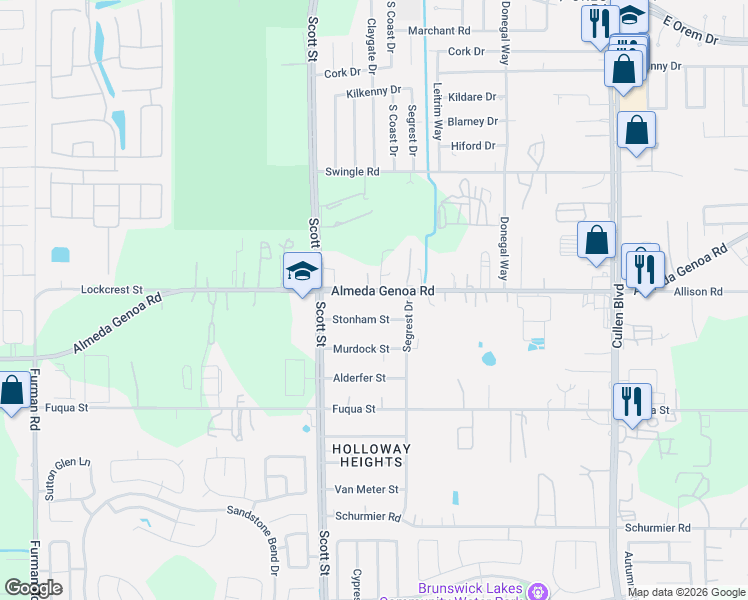map of restaurants, bars, coffee shops, grocery stores, and more near 3613 Stonham Street in Houston