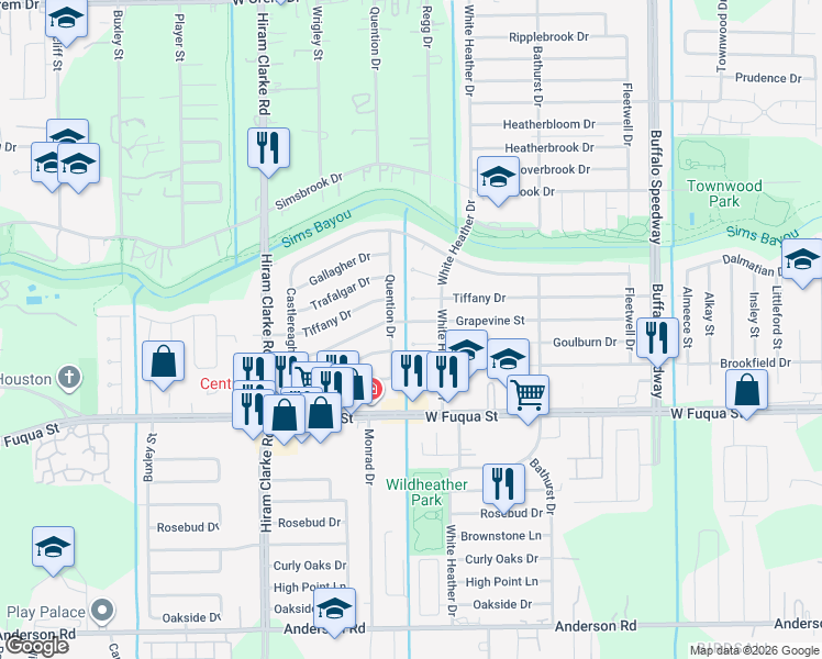map of restaurants, bars, coffee shops, grocery stores, and more near 4122 Goulburn Drive in Houston