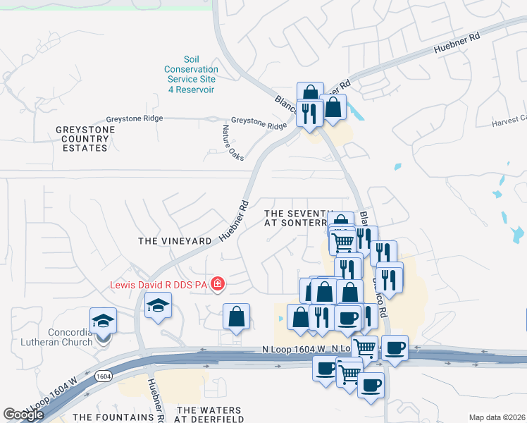 map of restaurants, bars, coffee shops, grocery stores, and more near 18826 Brookwood Forest in San Antonio