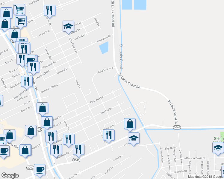 map of restaurants, bars, coffee shops, grocery stores, and more near 1898 Verna Street in Houma
