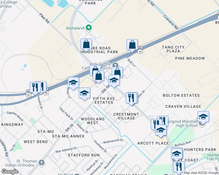 map of restaurants, bars, coffee shops, grocery stores, and more near 503 Denard Lane in Missouri City