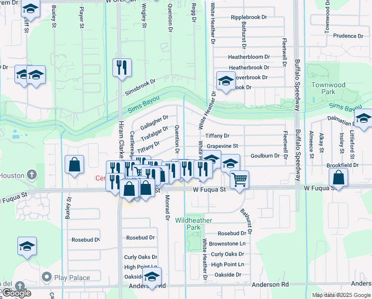 map of restaurants, bars, coffee shops, grocery stores, and more near 4122 Goulburn Drive in Houston