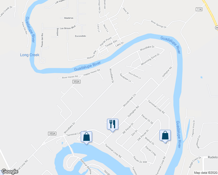 map of restaurants, bars, coffee shops, grocery stores, and more near 2 Woodlake Drive in McQueeney
