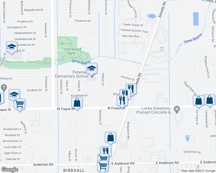 map of restaurants, bars, coffee shops, grocery stores, and more near 14462 Acuna Lane in Houston