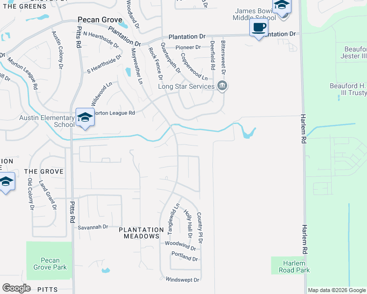 map of restaurants, bars, coffee shops, grocery stores, and more near 2411 Wren Meadow Road in Richmond